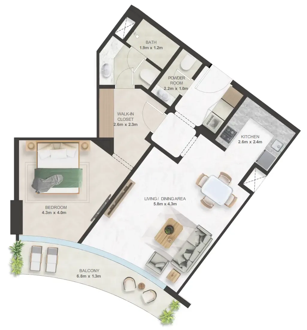Oystra 1 bed floor plan, 871 sqft