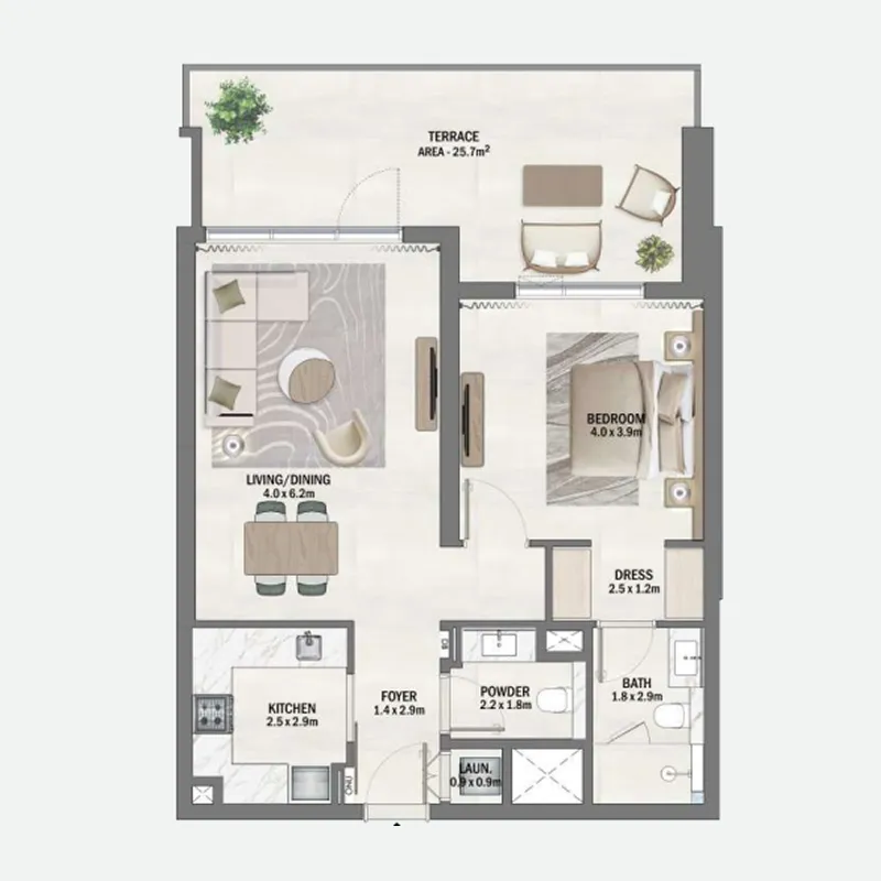 Beachfront Gates 1 bed floor plan, 1,058 sqft