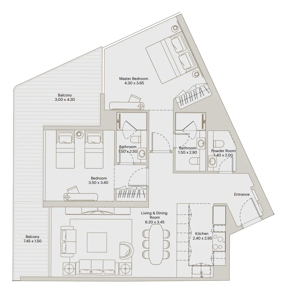 Eleve 2 bed floor plan, 1,286 sqft