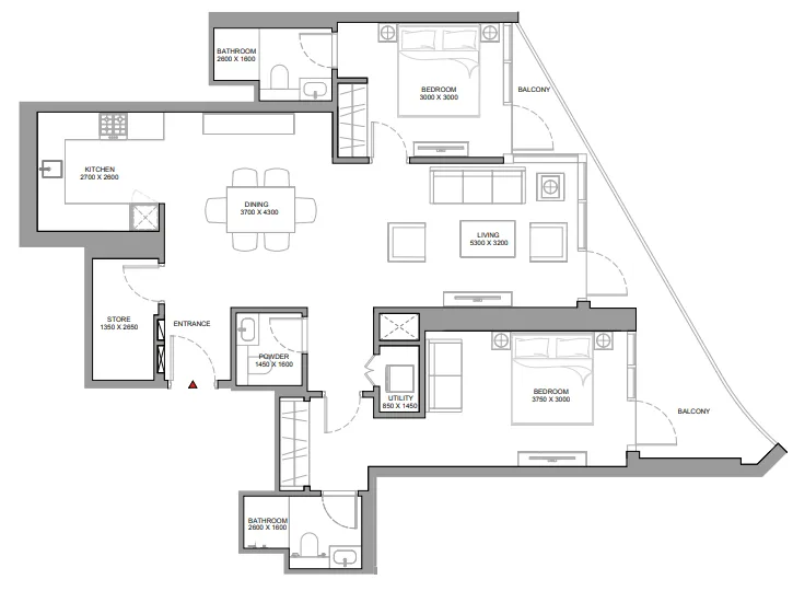 Skyvue Spectra 2 bed floor plan, 1,290 sqft
