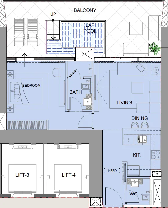 One by Binghatti 1 bed floor plan, 1,042 sqft