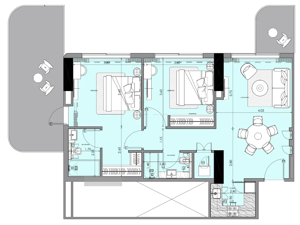 Azizi Wasel 2 bed floor plan, 1,145 sqft