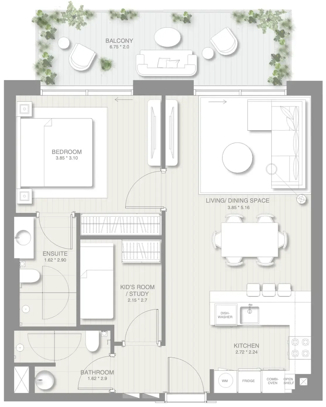 Sol Levante 1 bed floor plan, 860 sqft