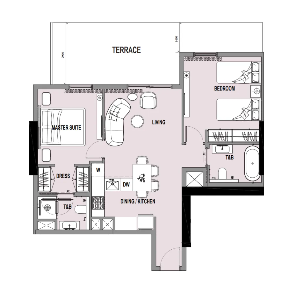 Verso 2 bed floor plan, 1,031 sqft