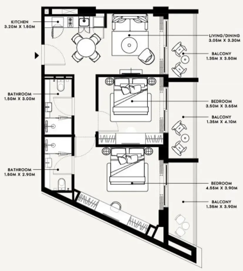 Azizi Arian 2 bed floor plan, 988 sqft