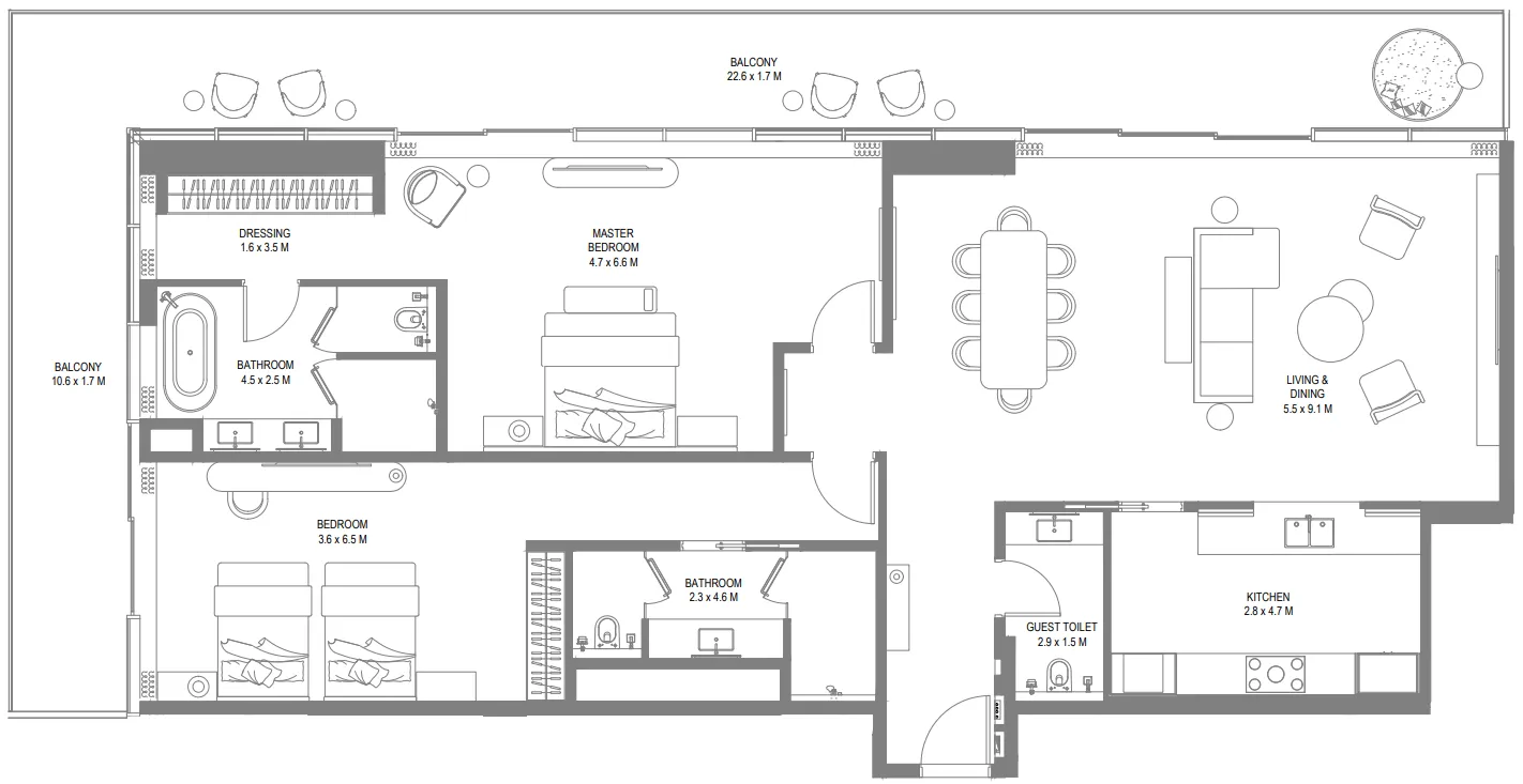 Anantara Sharjah Resort 2 bed floor plan, 2,569 sqft