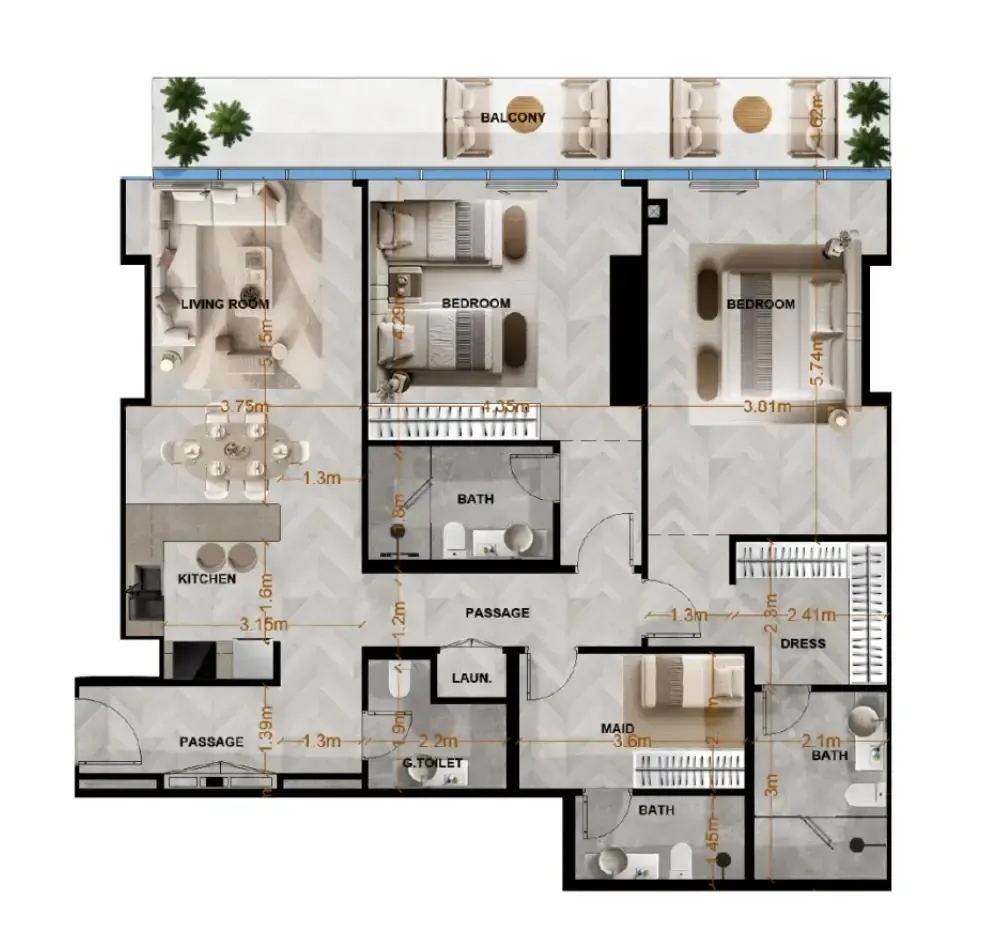 Radiant Terrace 2 bed floor plan, 1,538 sqft