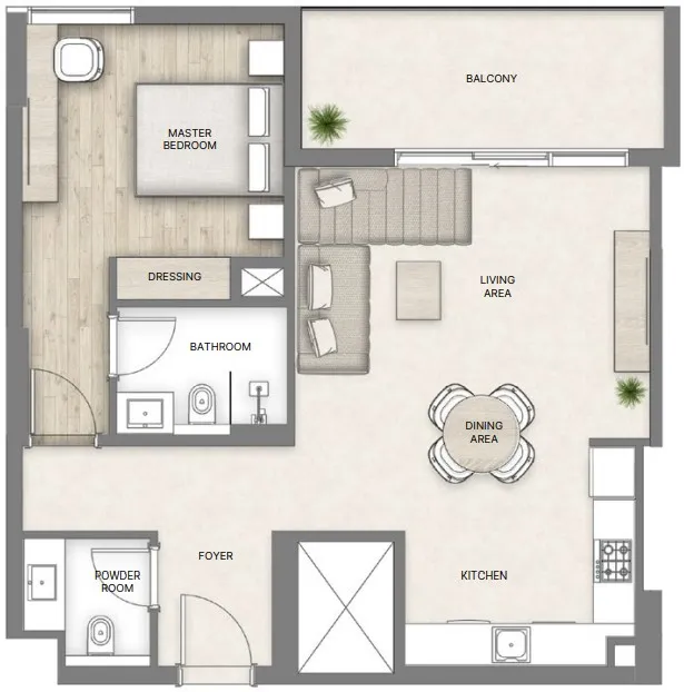 Al Hamra Greens 1 bed floor plan, 897 sqft