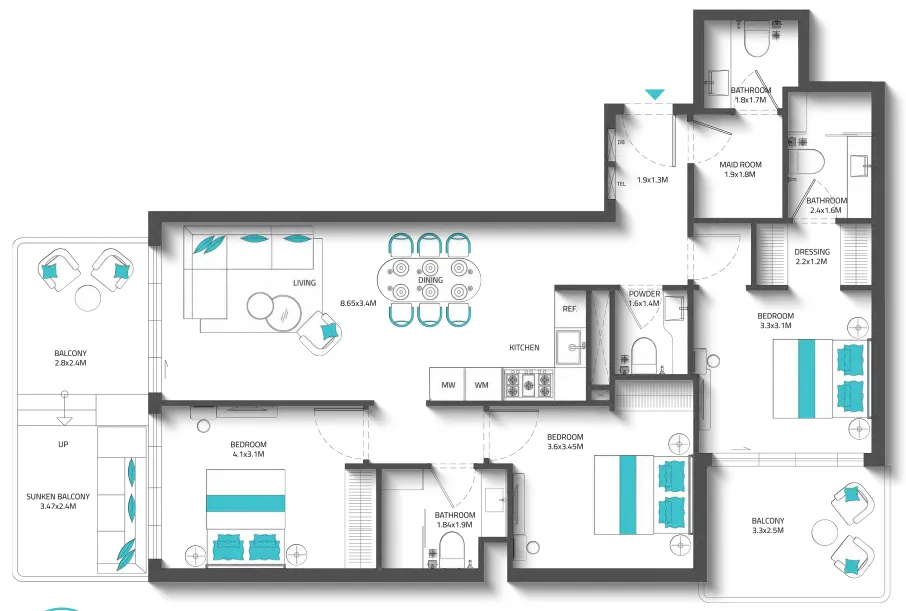 Reef 996 3 bed floor plan, 1,370 – 1,376 sqft