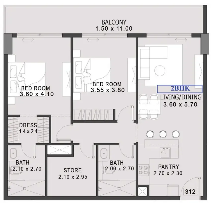 One By Preston 2 bed floor plan, 1,202 sqft