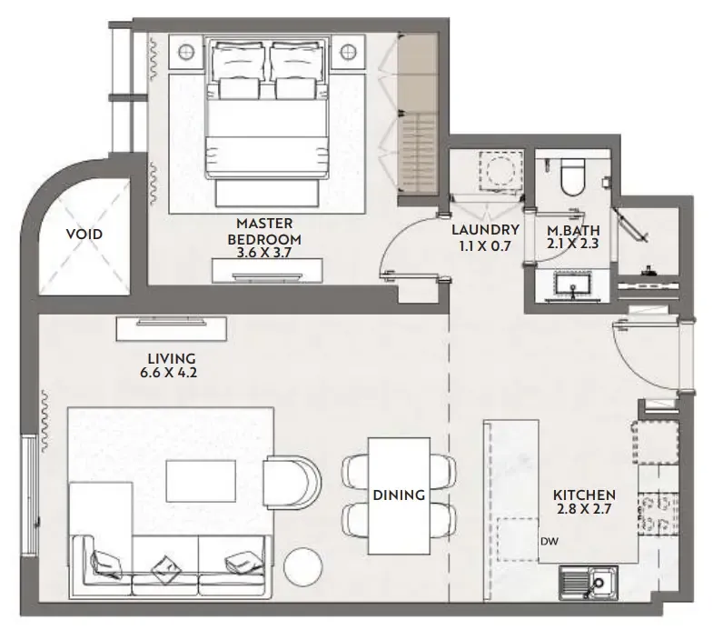 Cello by Taraf 1 bed floor plan, 733 sqft