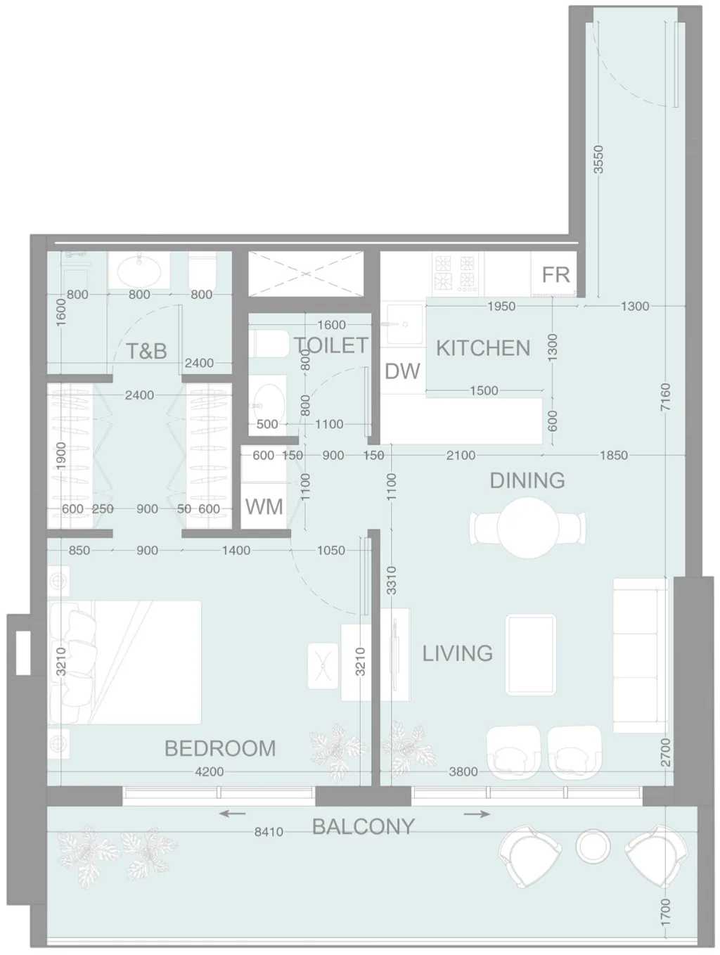 LUM1NAR 1 bed floor plan, 859 sqft