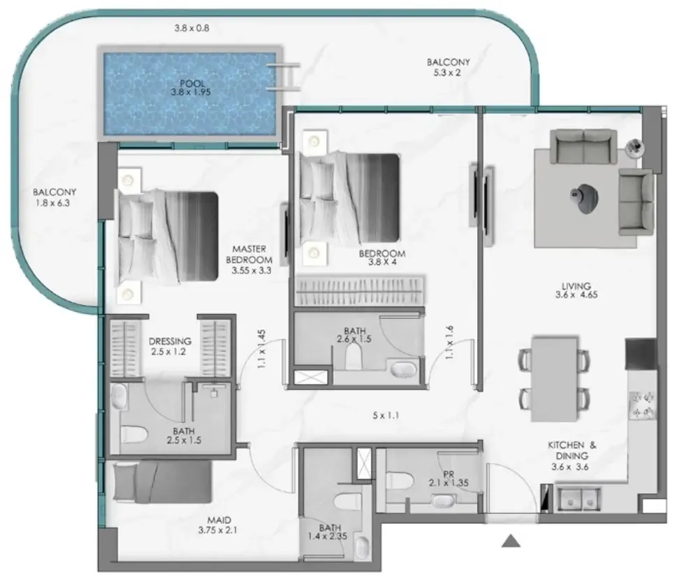 Samana Ocean Bay 2 bed floor plan, 1,391 sqft
