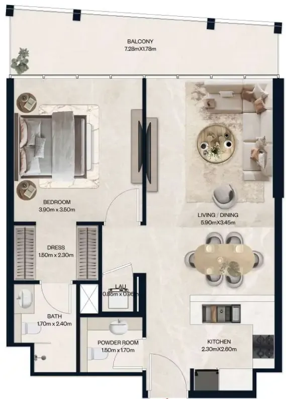 Norah Residence 1 bed floor plan, 768 sqft