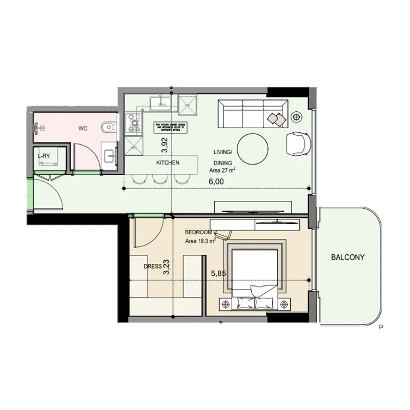 Edgewater Residences 1, 2 and 3 1 bed floor plan, 703 sqft