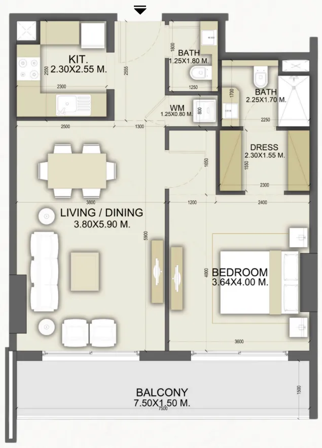 Dalmore Tower 1 bed floor plan, 811 sqft