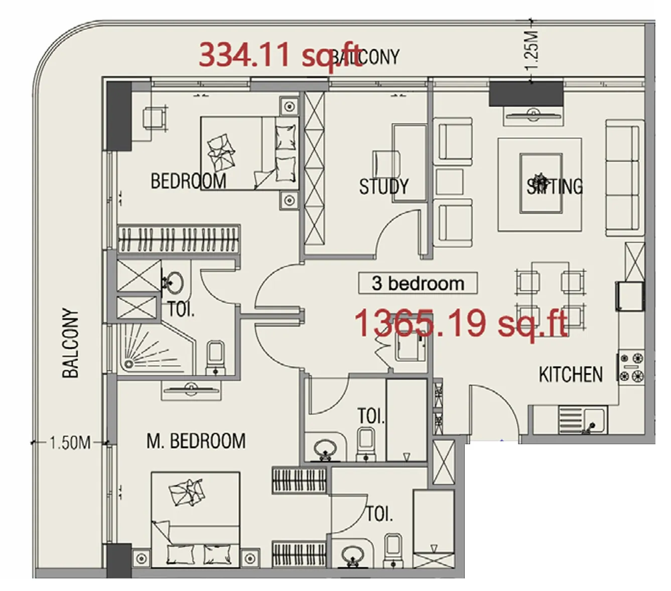 Forest City 2 bed floor plan, 1,365 sqft