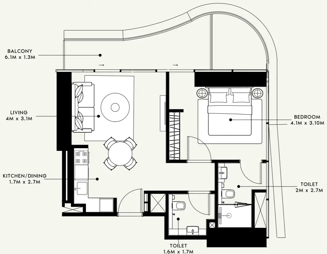 Azizi Milan 1 bed floor plan, 714 sqft