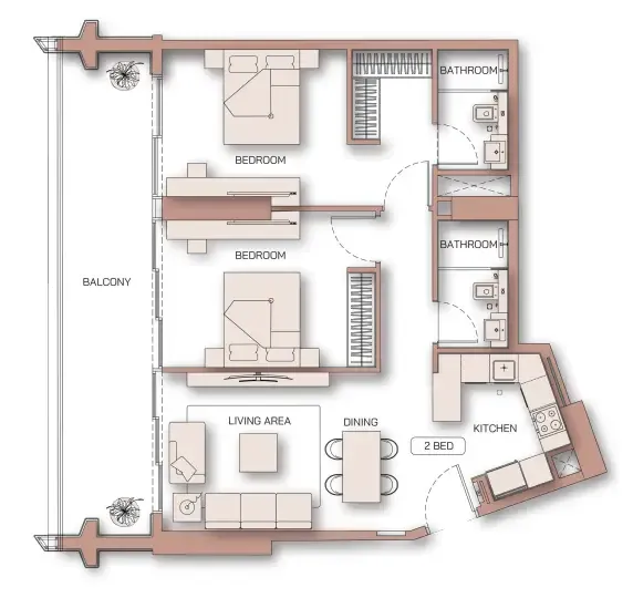 Binghatti Pinnacle 2 bed floor plan, 1,076 sqft