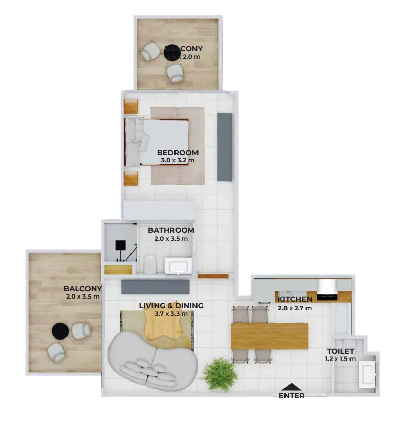 Treppan Tower 1 bed floor plan, 624 – 631 sqft