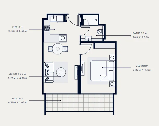 Riviera 65 1 bed floor plan, 645 sqft