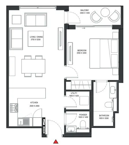 Sobha One 1 bed floor plan, 733 – 735 sqft
