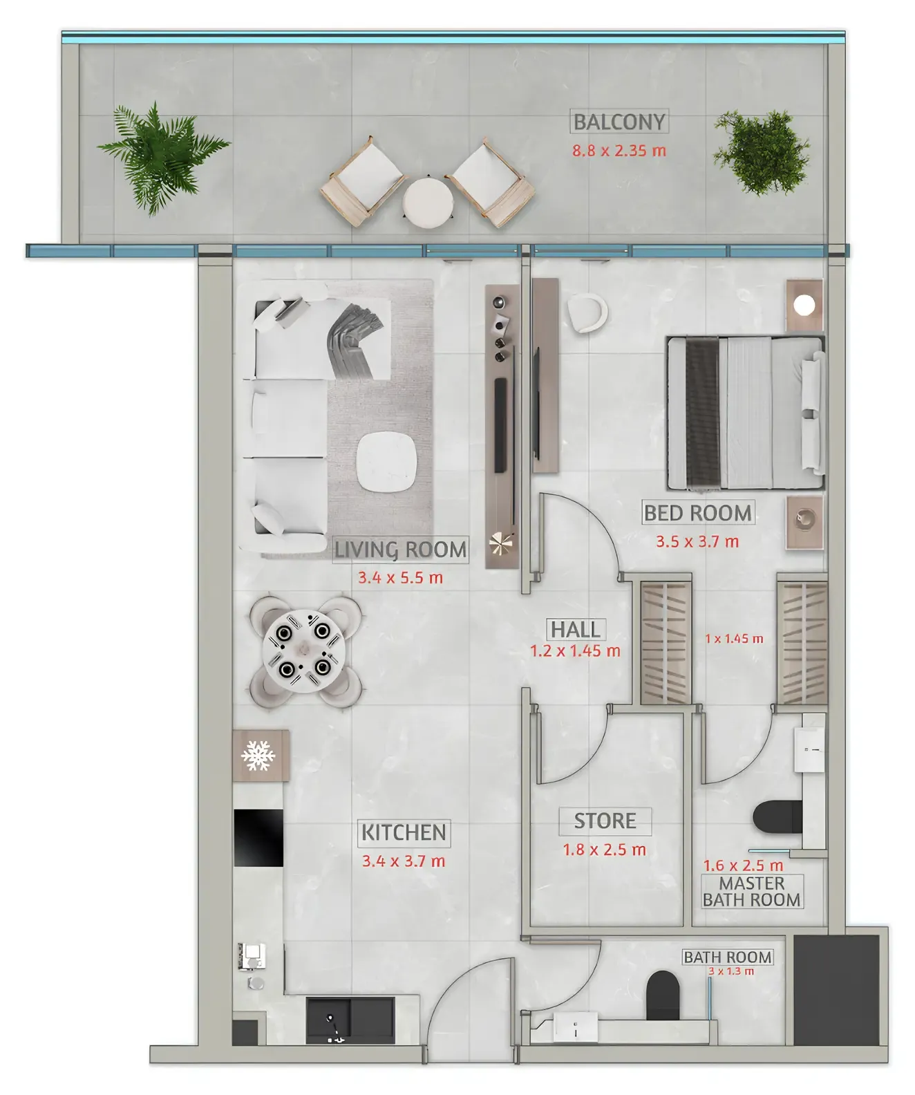 Sakura Gardens 1 bed floor plan, 975 sqft