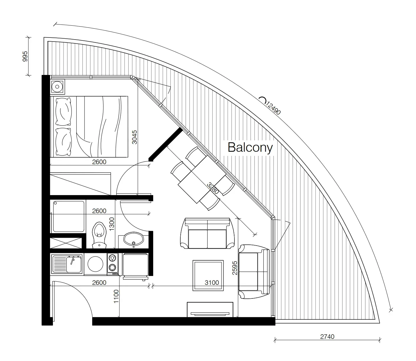 Oasis Two 1 bed floor plan, 519 sqft