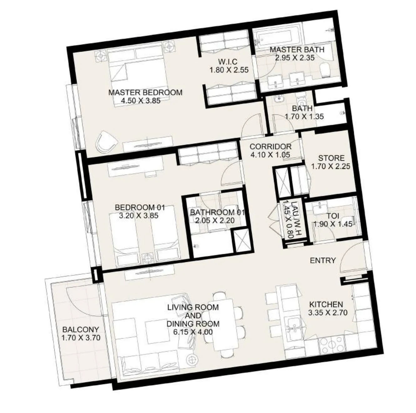 Canal Front Residences 3 and 4 2 bed floor plan, 1,333 sqft