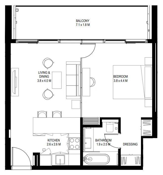 il teatro Residences 1 and 2 1 bed floor plan, 749 sqft