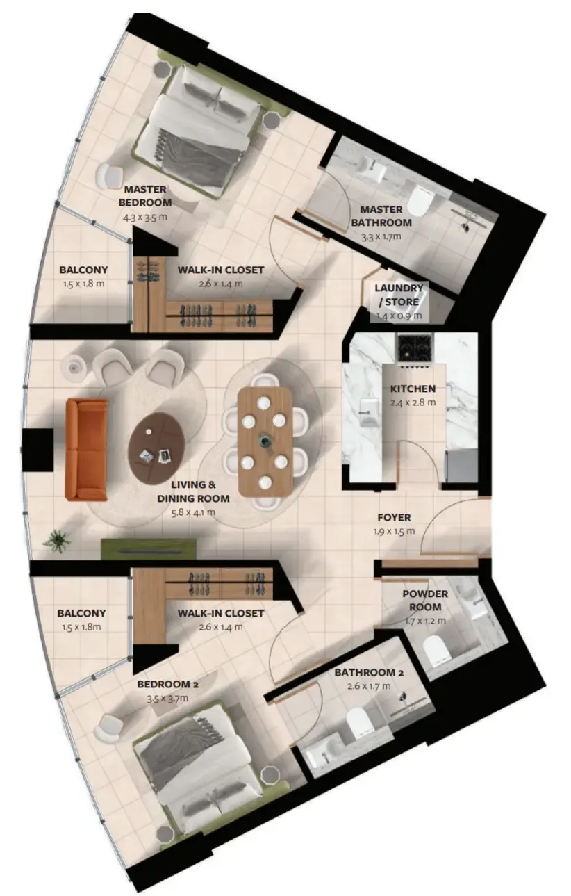 Waada Dubai South 2 bed floor plan, 1,154 sqft