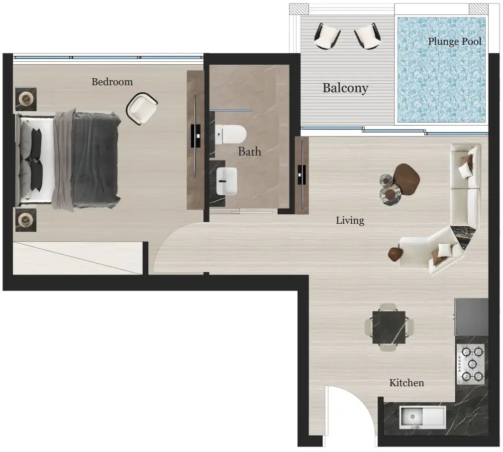 Rijas Suites 1 bed floor plan, 535 sqft