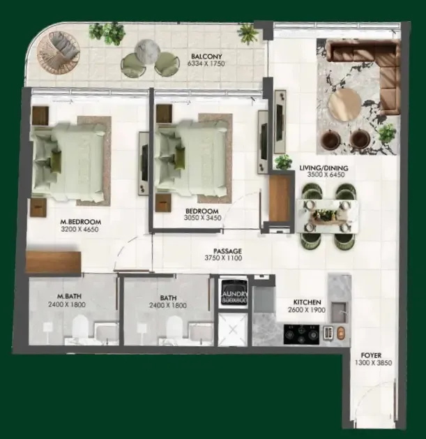 Enchante 2 bed floor plan, 973 sqft