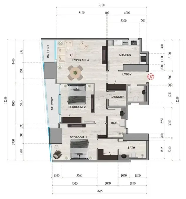 Al Ghaf Tower 2 bed floor plan, 1,338 sqft