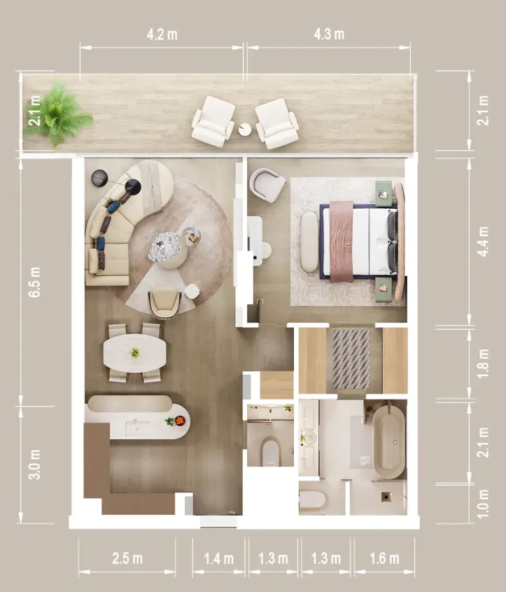 Mandarin Oriental Residences 1 bed floor plan, 1,121 – 1,122 sqft