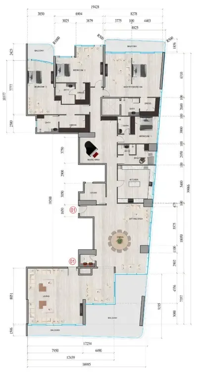 Al Ghaf Tower 4 bed floor plan, 6,458 sqft