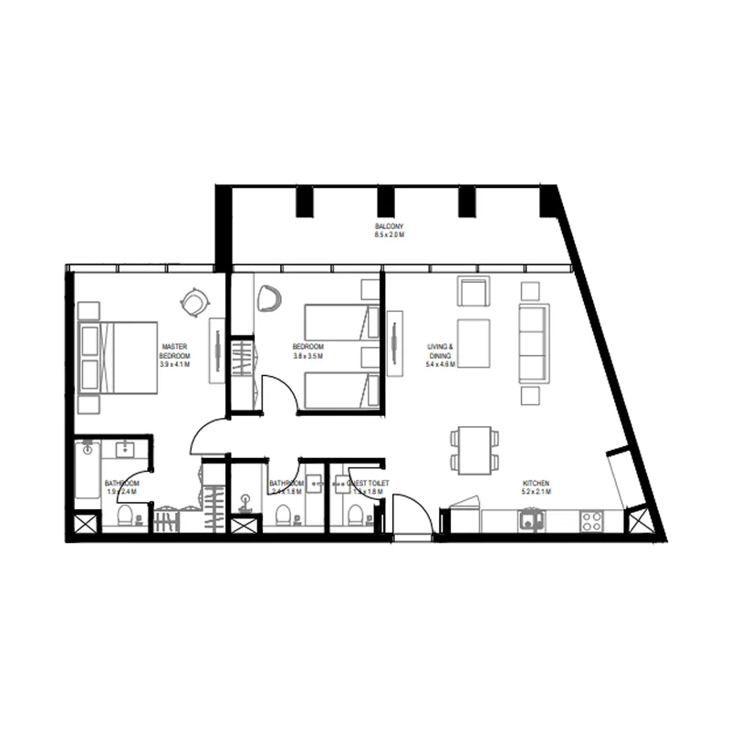 Nesba 1 Aljada 2 bed floor plan, 1,144 sqft