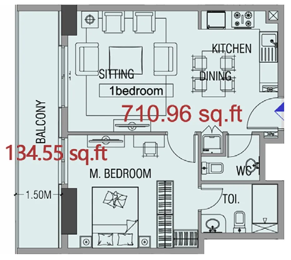 Forest City 1 bed floor plan, 711 – 713 sqft