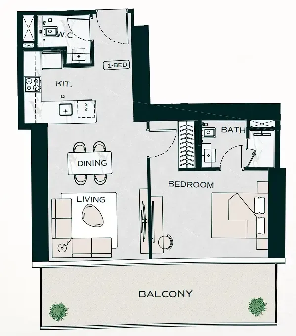 Binghatti Aquarise 1 bed floor plan, 832 – 835 sqft