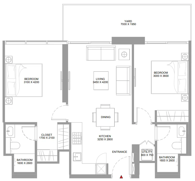 Pristine Beach Residences 2 bed floor plan, 922 sqft