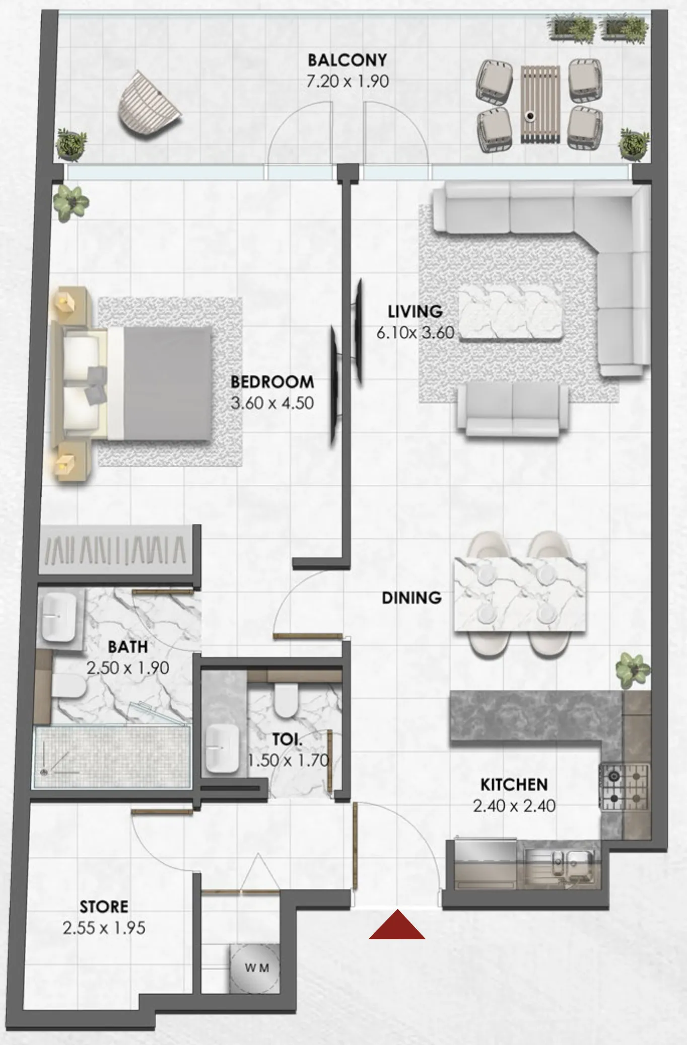 Waref Residences 1 bed floor plan, 907 – 908 sqft