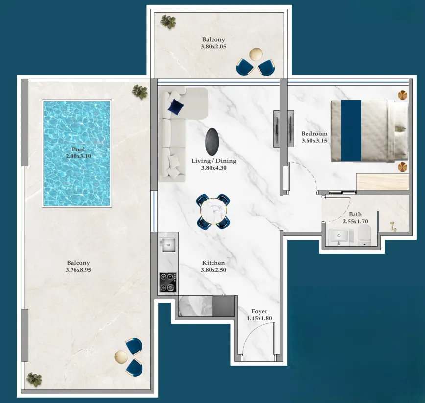 Timez 1 bed floor plan, 904 – 905 sqft