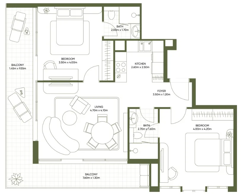 Olivia Gardens 2 bed floor plan, 1,033 sqft