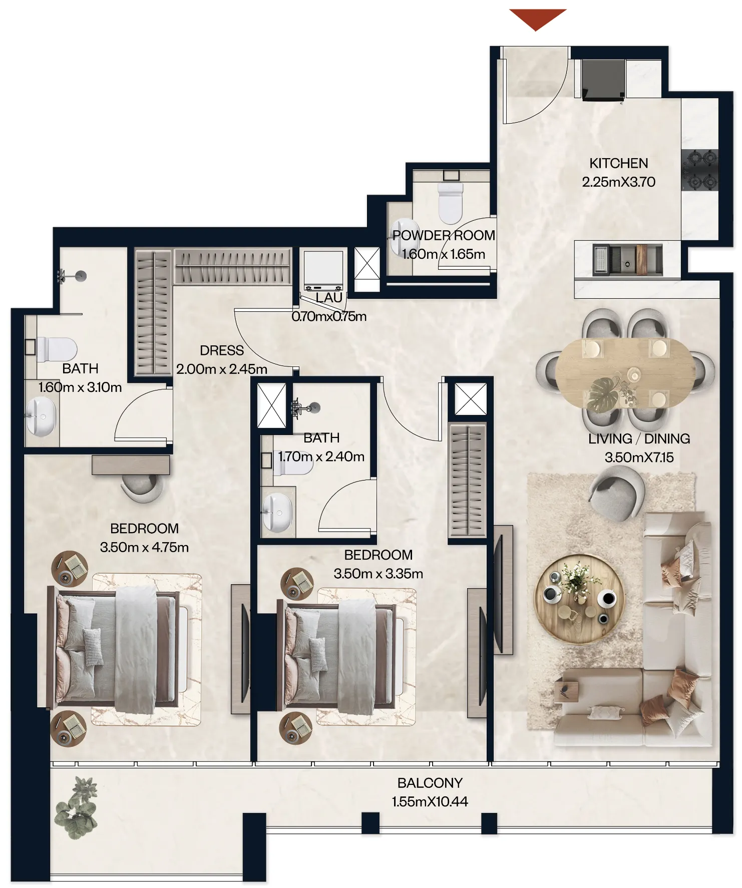 Norah Residence 2 bed floor plan, 1,207 sqft