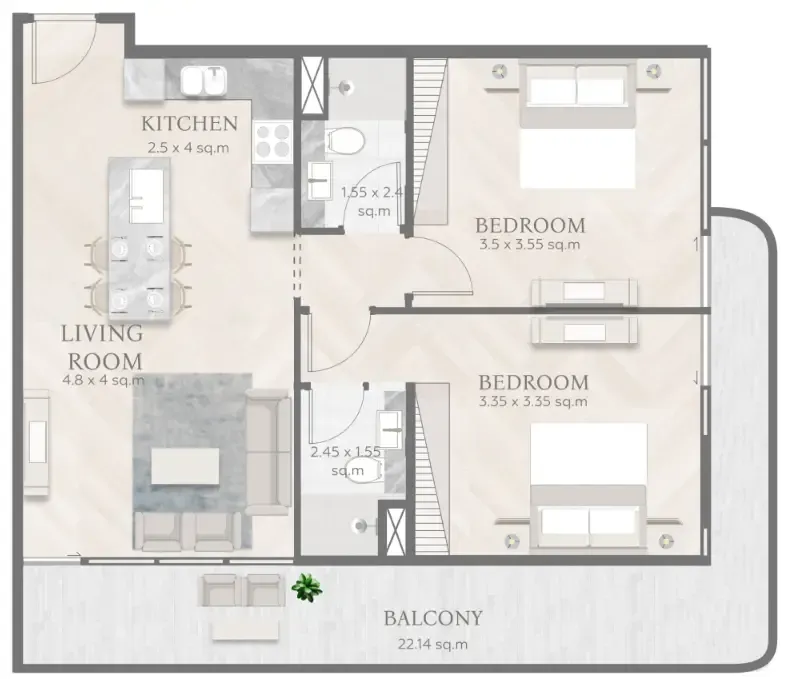 Casa Aura Residence 2 bed floor plan, 1,045 sqft