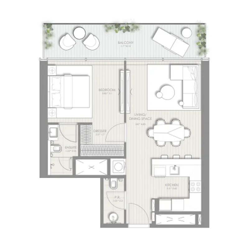 Sol Luxe 1 bed floor plan, 783 – 784 sqft