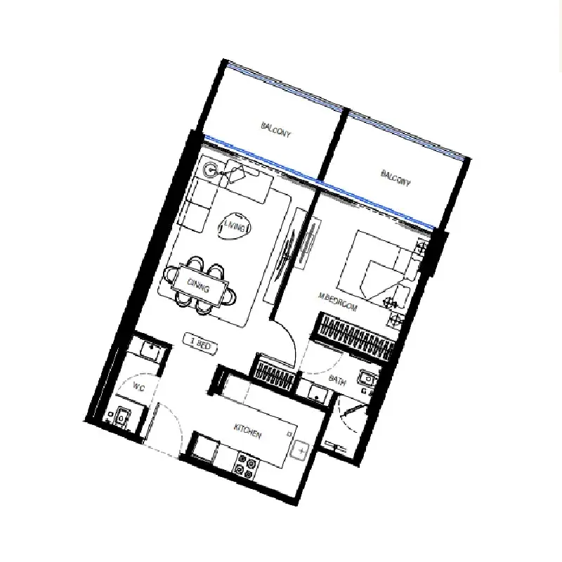 Binghatti HillCrest 1 bed floor plan, 721 sqft