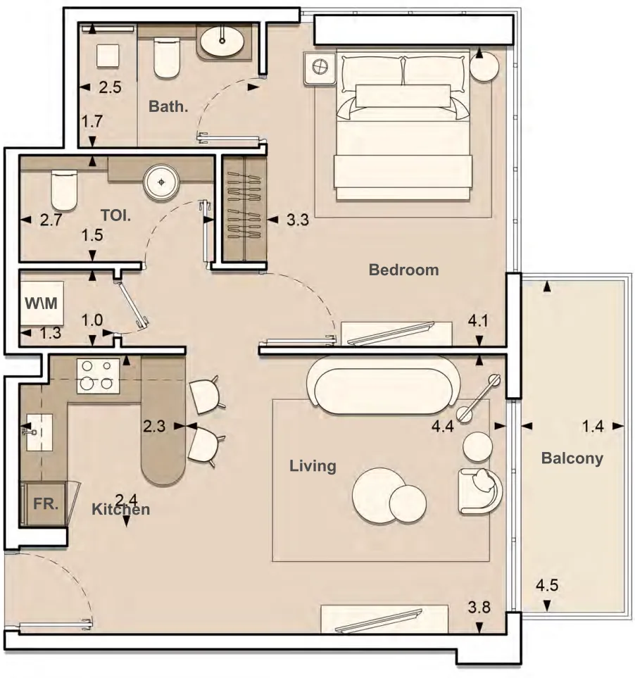 Lume Residences 1 bed floor plan, 677 sqft