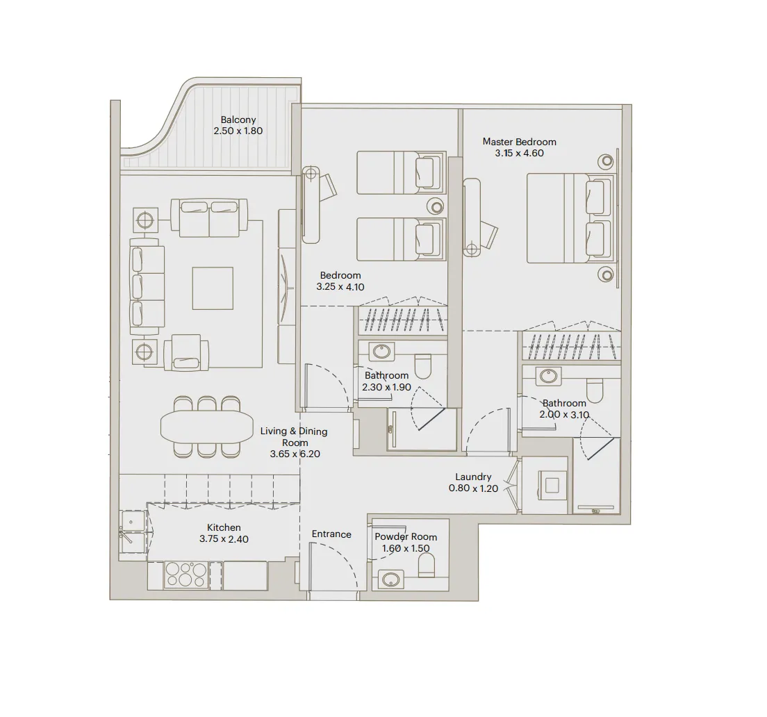 Eleve 2 bed floor plan, 1,072 sqft
