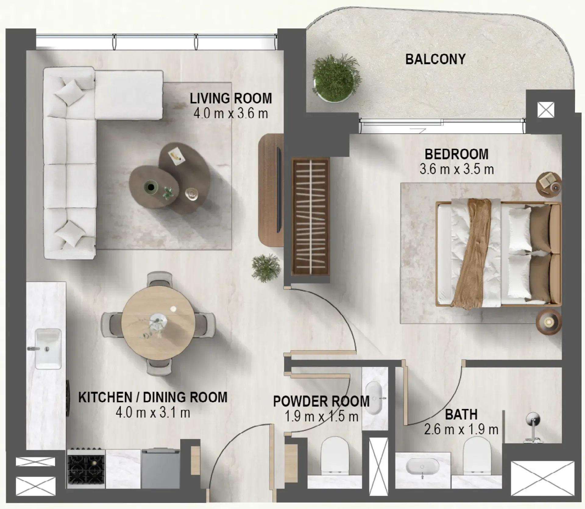 Sanctuary 1 bed floor plan, 649 – 654 sqft